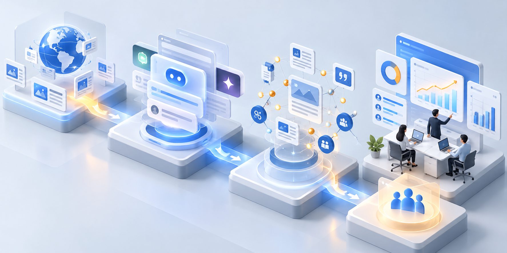 SaaS content architecture showing discovery, evaluation, proof, and action layers